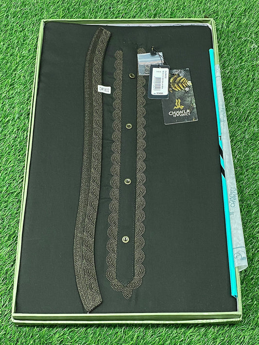 Wash & Wear Boutique Embroidery D#04 (Olive Green) - Sufi Fabrics