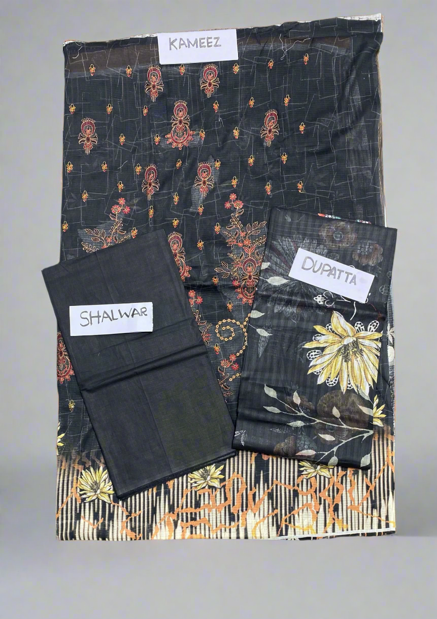 Unstitched 3-piece black suit with floral printed kameez, dupatta, and plain shalwar