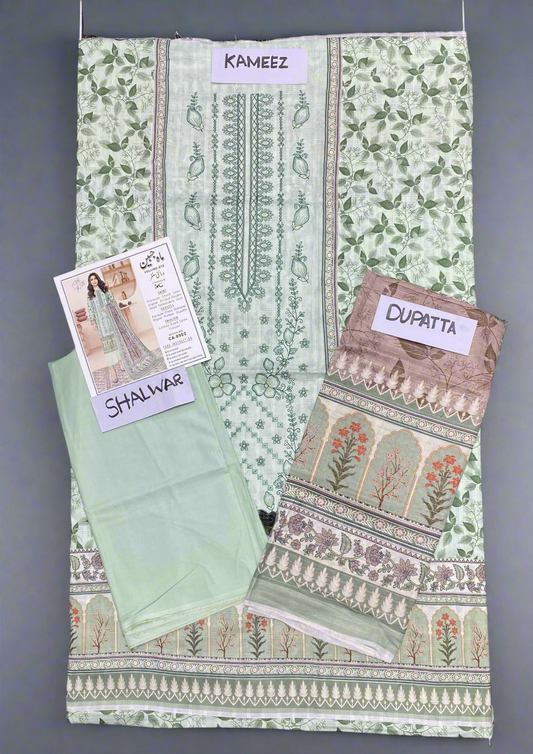 Unstitched 3-piece light green lawn suit with floral embroidery and matching dupatta from Mahjabeen collection
